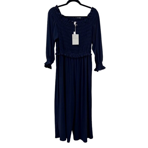 NWT Chelsea28 Size L Long Sleeve Off The Shoulder Smocked Jumpsuit in Blue - Picture 4 of 12